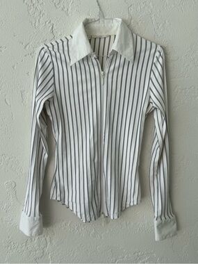 Women's White and Black Vertical Stripe Zip-Front Shirt